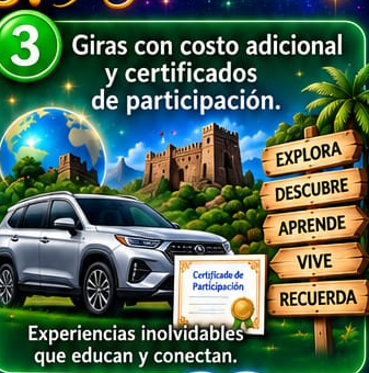 Veh&iacute;culo, castillo y se&ntilde;ales de una gira educativa